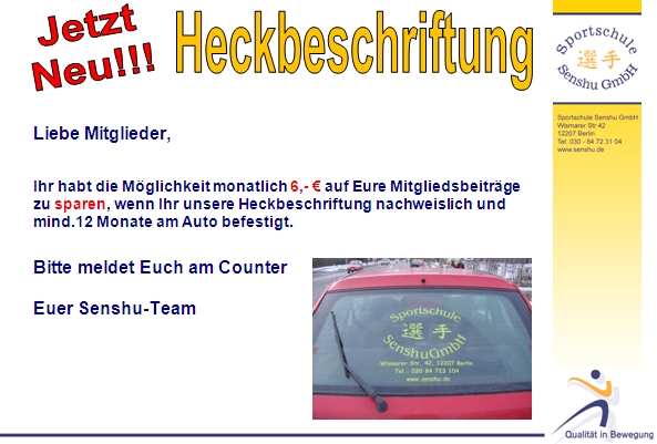 Senshu Angebot: Heckbeschriftung mit unserem logo spart euch 6,- Euro zum Mitgliedsbeitrag